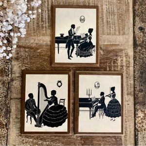 Vintage Set of 3 Victorian Revival Music Silhouette Prints - Black on Cream